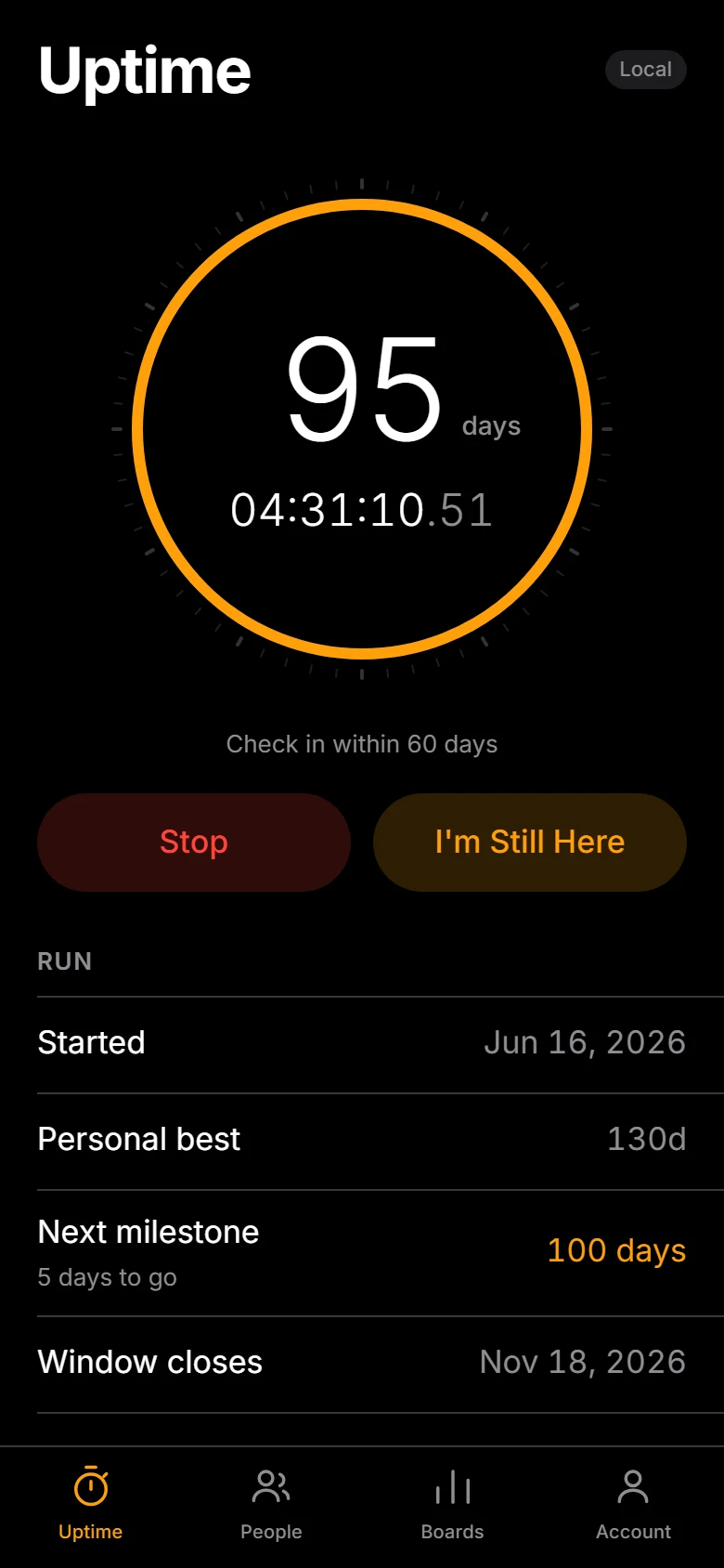 Uptime home screen: a 95 day streak inside an orange ring, with Stop and I'm Still Here buttons