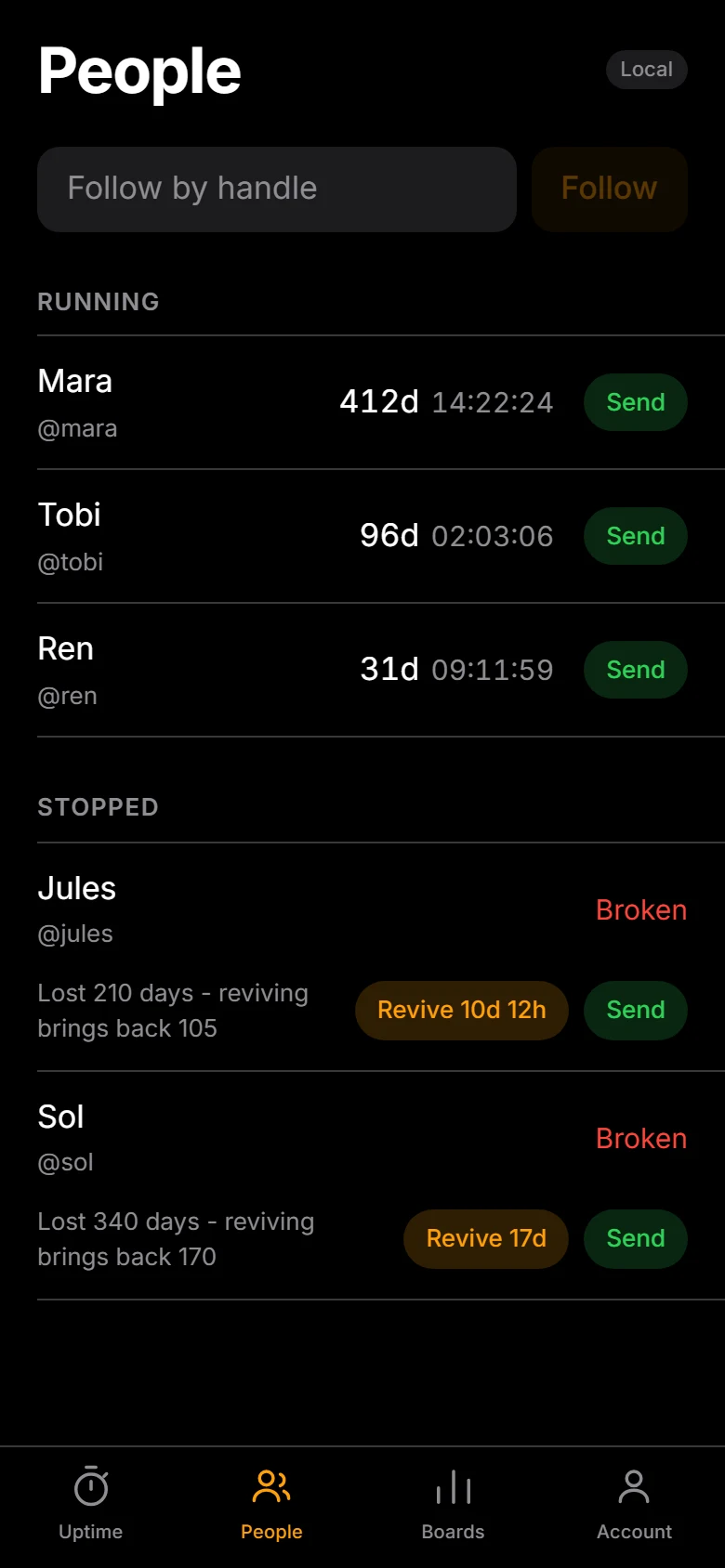 Uptime people screen listing friends and their running clocks